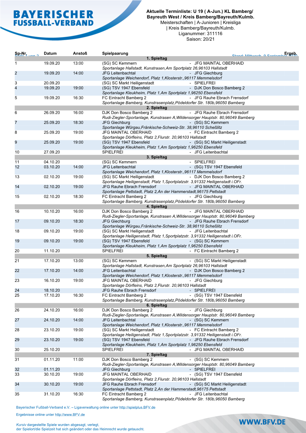 Aktuelle Terminliste: U 19 ( A-Jun.) KL Bamberg/ Bayreuth West / Kreis Bamberg/Bayreuth/Kulmb. Meisterschaften | A-Junioren | Kreisliga | Kreis Bamberg/Bayreuth/Kulmb