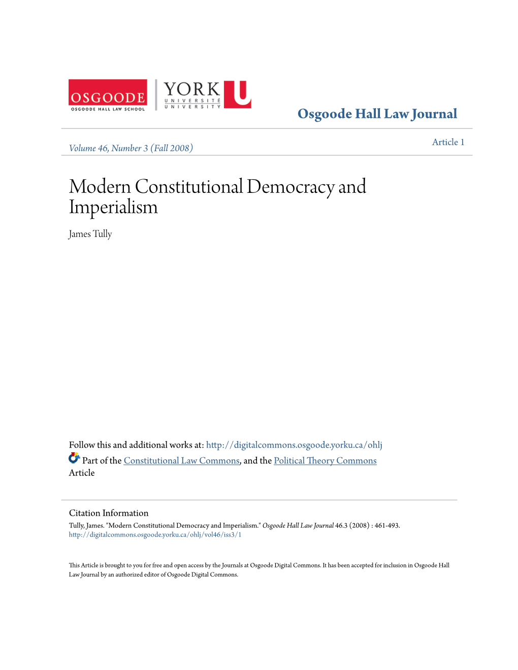 Modern Constitutional Democracy and Imperialism James Tully