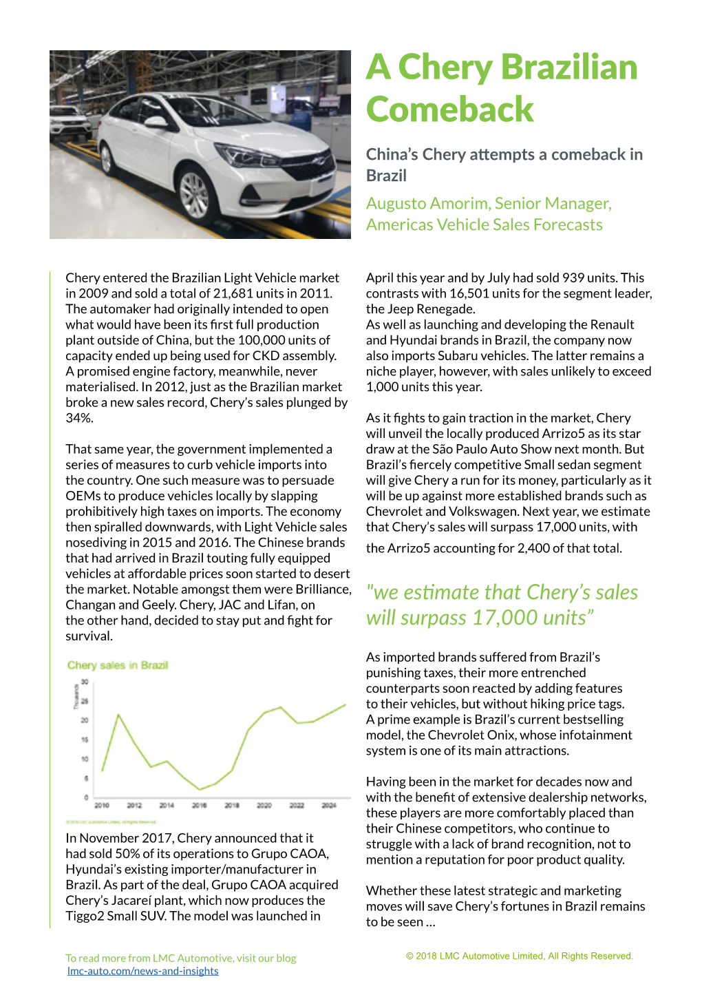 A Chery Brazilian Comeback China’S Chery Attempts a Comeback in Brazil Augusto Amorim, Senior Manager, Americas Vehicle Sales Forecasts