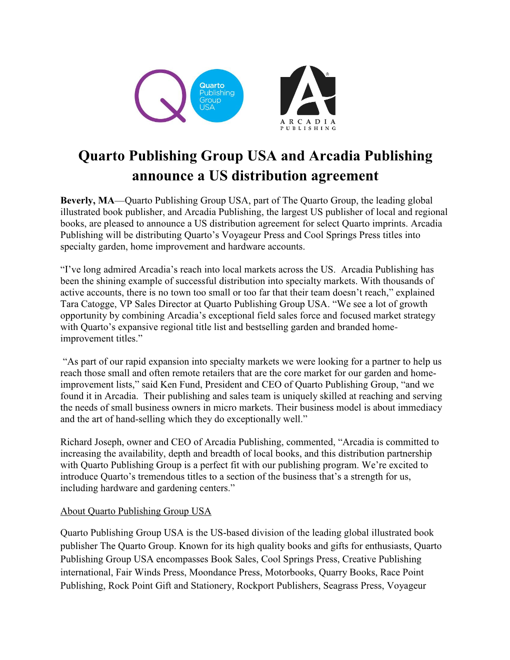 Quarto Publishing Group USA and Arcadia Publishing Announce a US Distribution Agreement