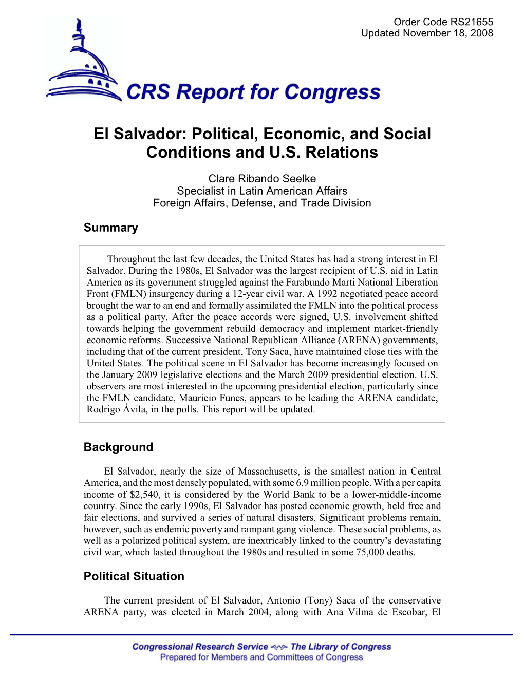 El Salvador: Political, Economic, and Social Conditions and U.S