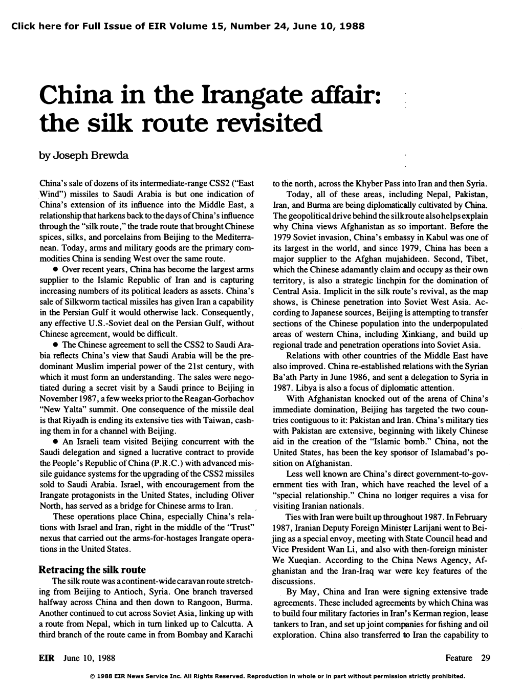 China in the Irangate Affair: the Silk Route Revisited