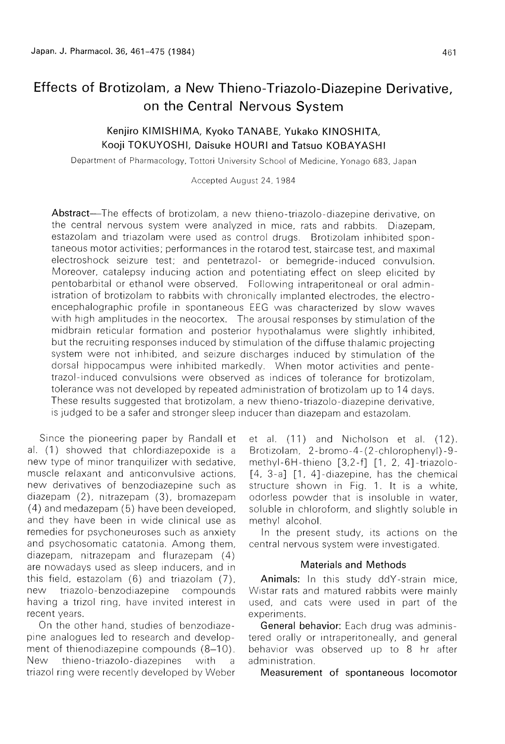 Effects of Brotizolam, a New Thieno-Triazolo-Diazepine Derivative, on the Central Nervous System