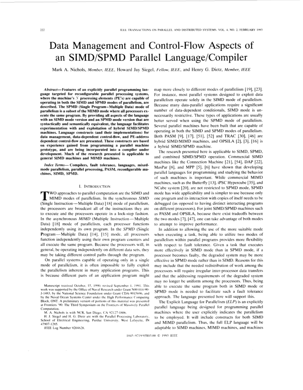 Data Management and Control-Flow Aspects of an SIMD/SPMD Parallel Language/Compiler