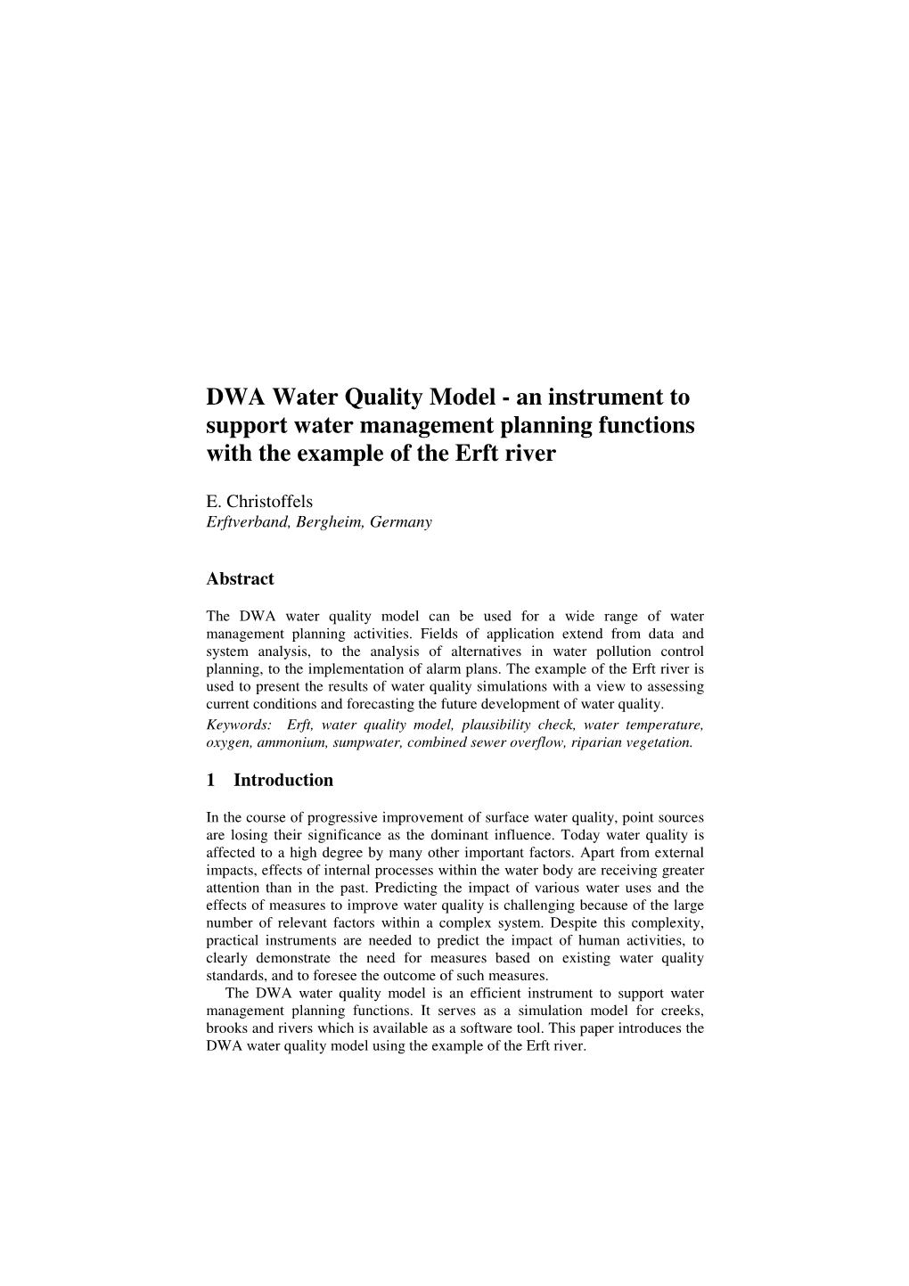 DWA Water Quality Model - an Instrument to Support Water Management Planning Functions with the Example of the Erft River