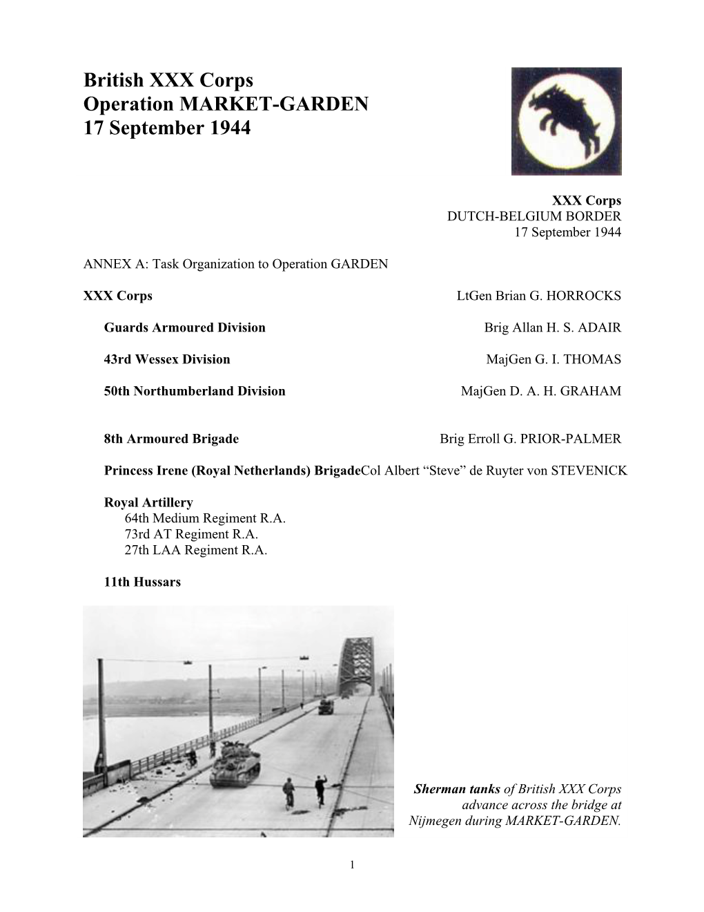 XXX Corps Operation MARKET-GARDEN 17 September 1944