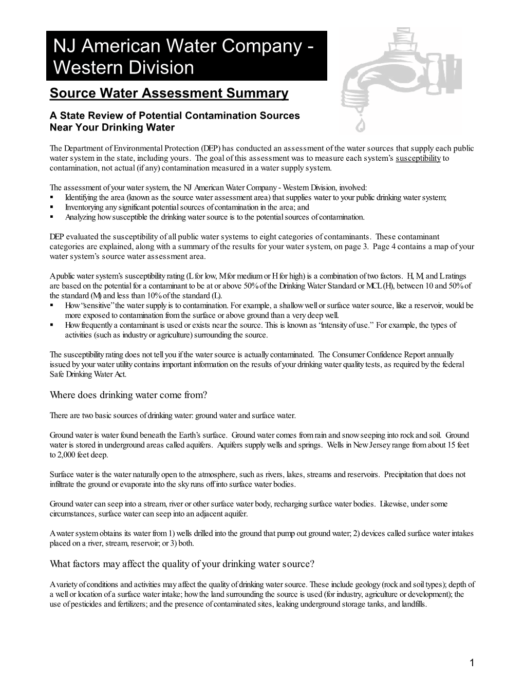 NJ American Water Company - Western Division Source Water Assessment Summary