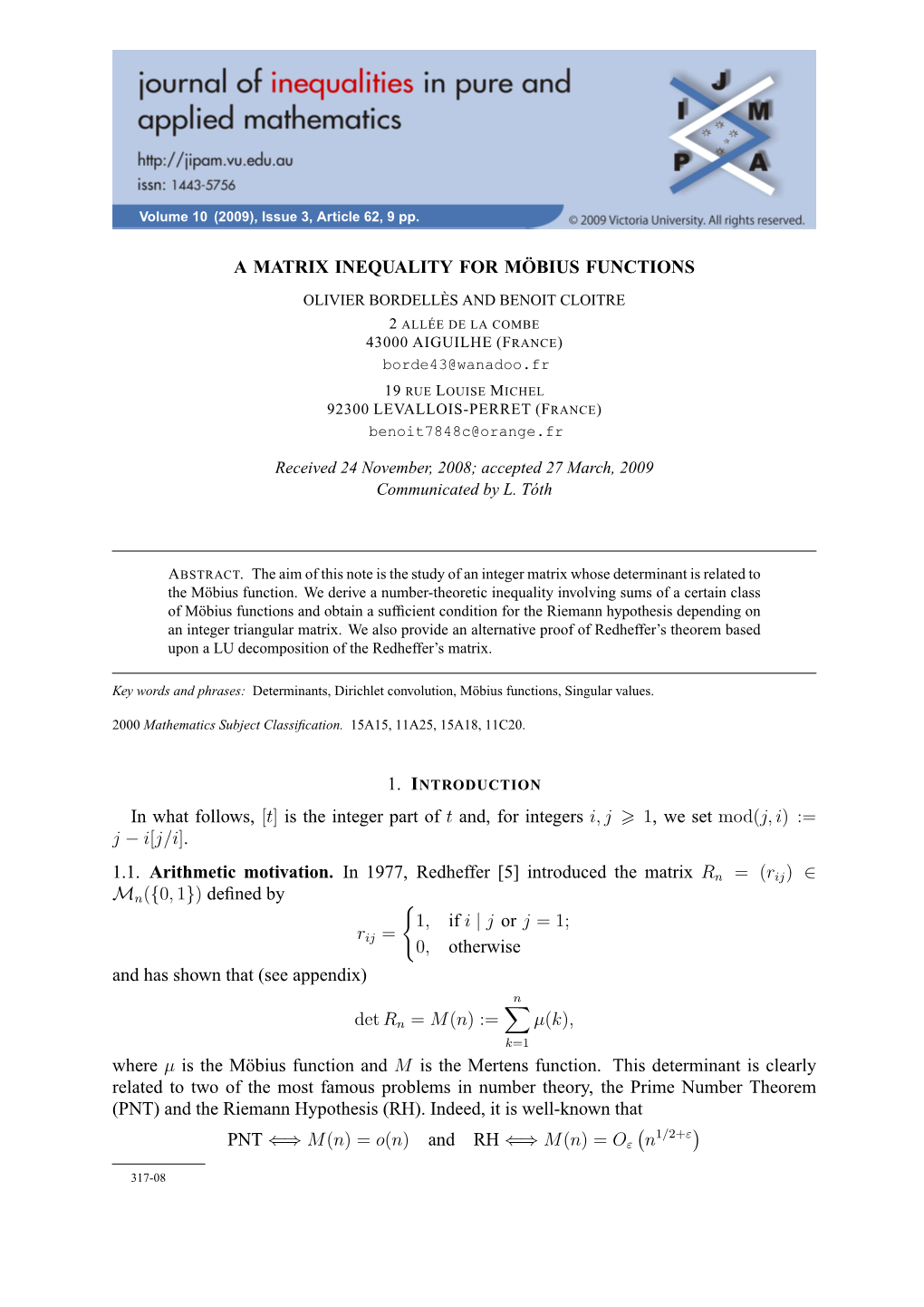 A Matrix Inequality for Möbius Functions