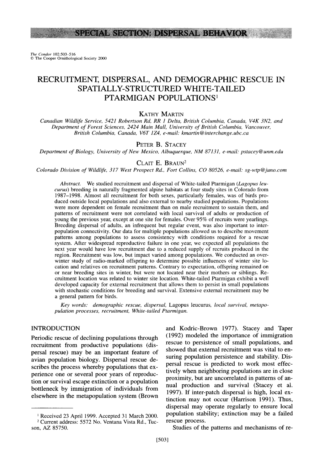 Recruitment, Dispersal, and Demographic Rescue in Spatially-Structured White-Tailed Ptarmigan Populations ’