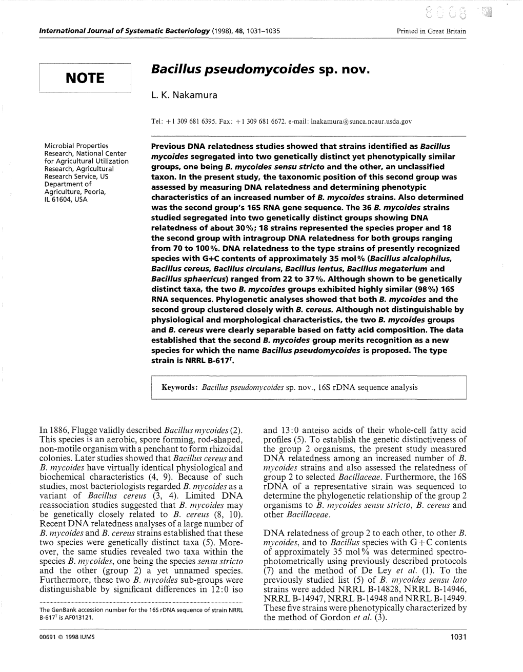 Bacillus Pseudomycoides Sp. Nov. NOTE L