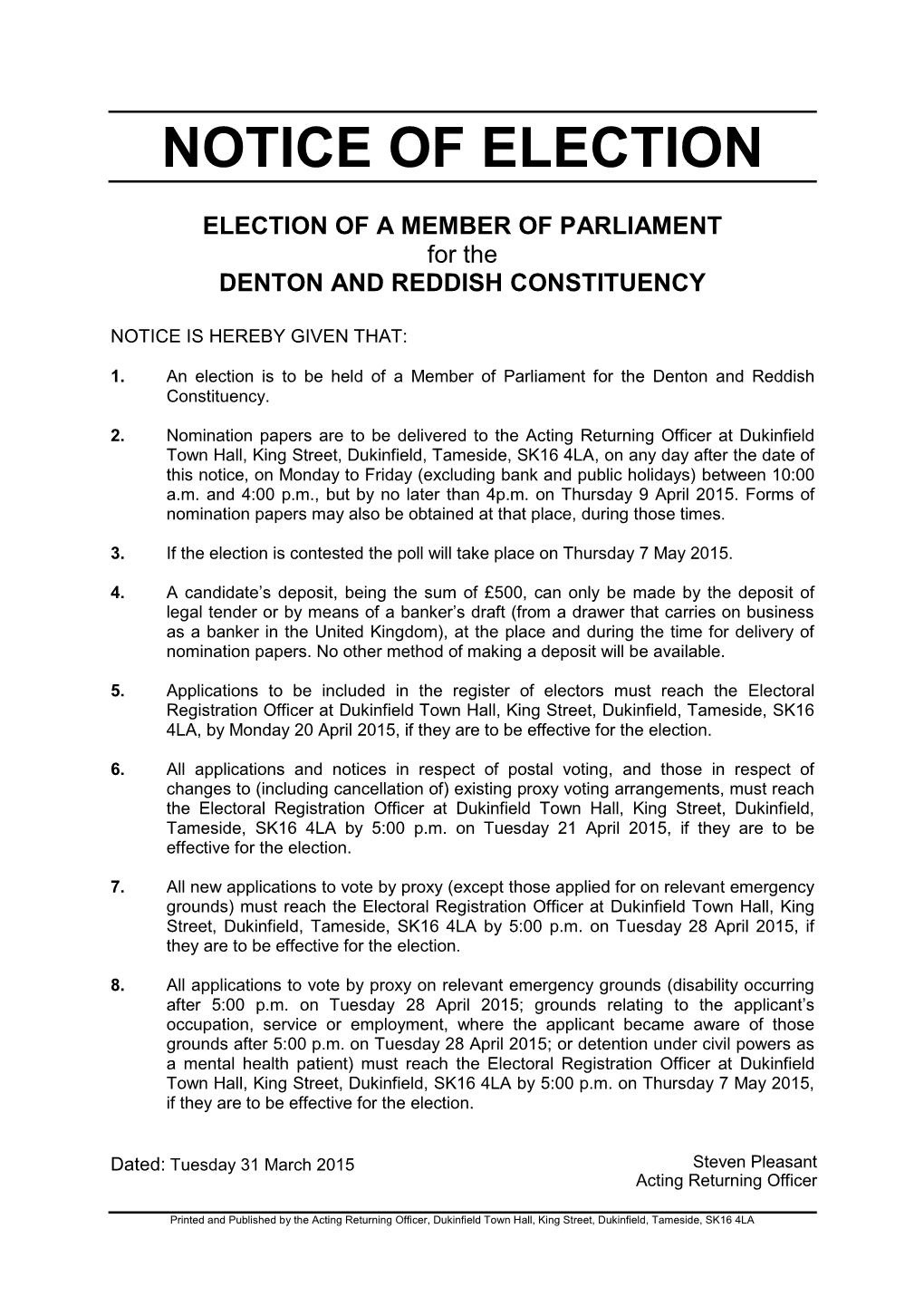 Notice of Election