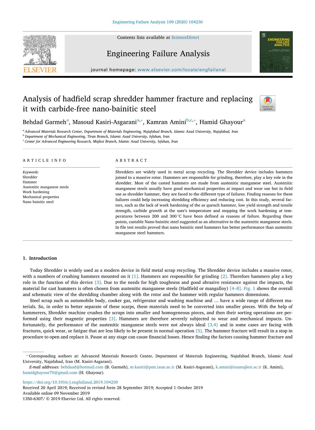 Analysis of Hadfield Scrap Shredder Hammer Fracture and Replacing It