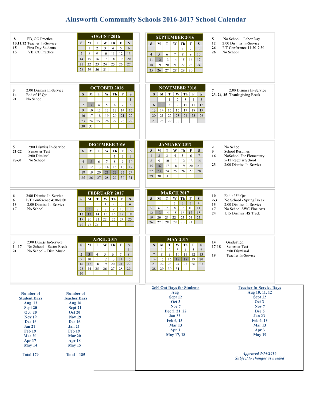 Ainsworth Community Schools 2016-2017 School Calendar
