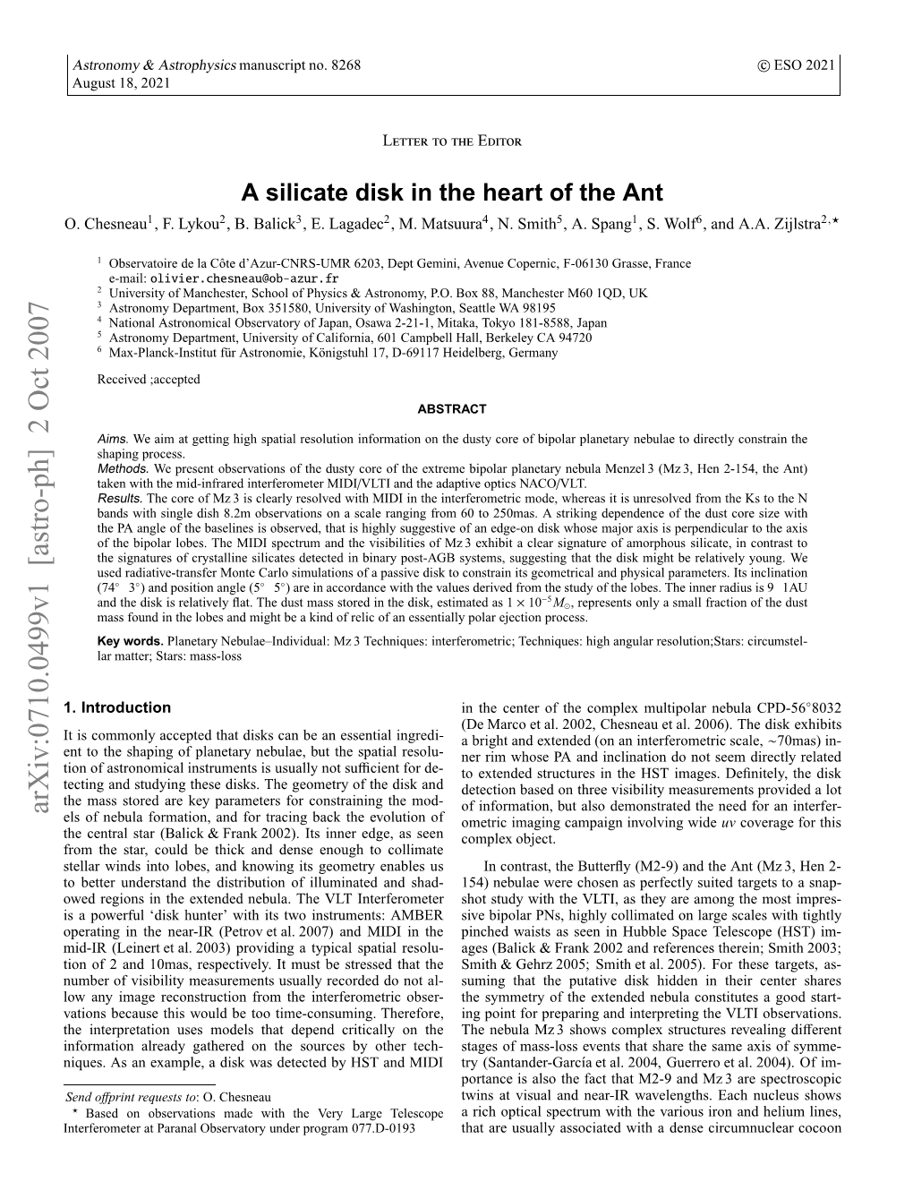 A Silicate Disk in the Heart of the Ant Which Reprocesses Most of the Stellar Light Emitted in Our Line Table 1