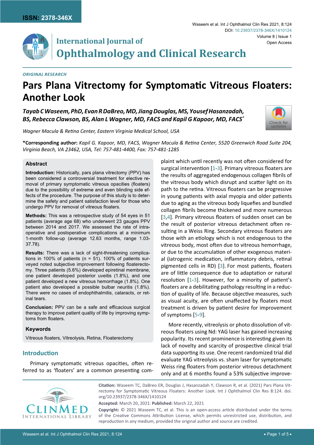 Pars Plana Vitrectomy for Symptomatic Vitreous Floaters