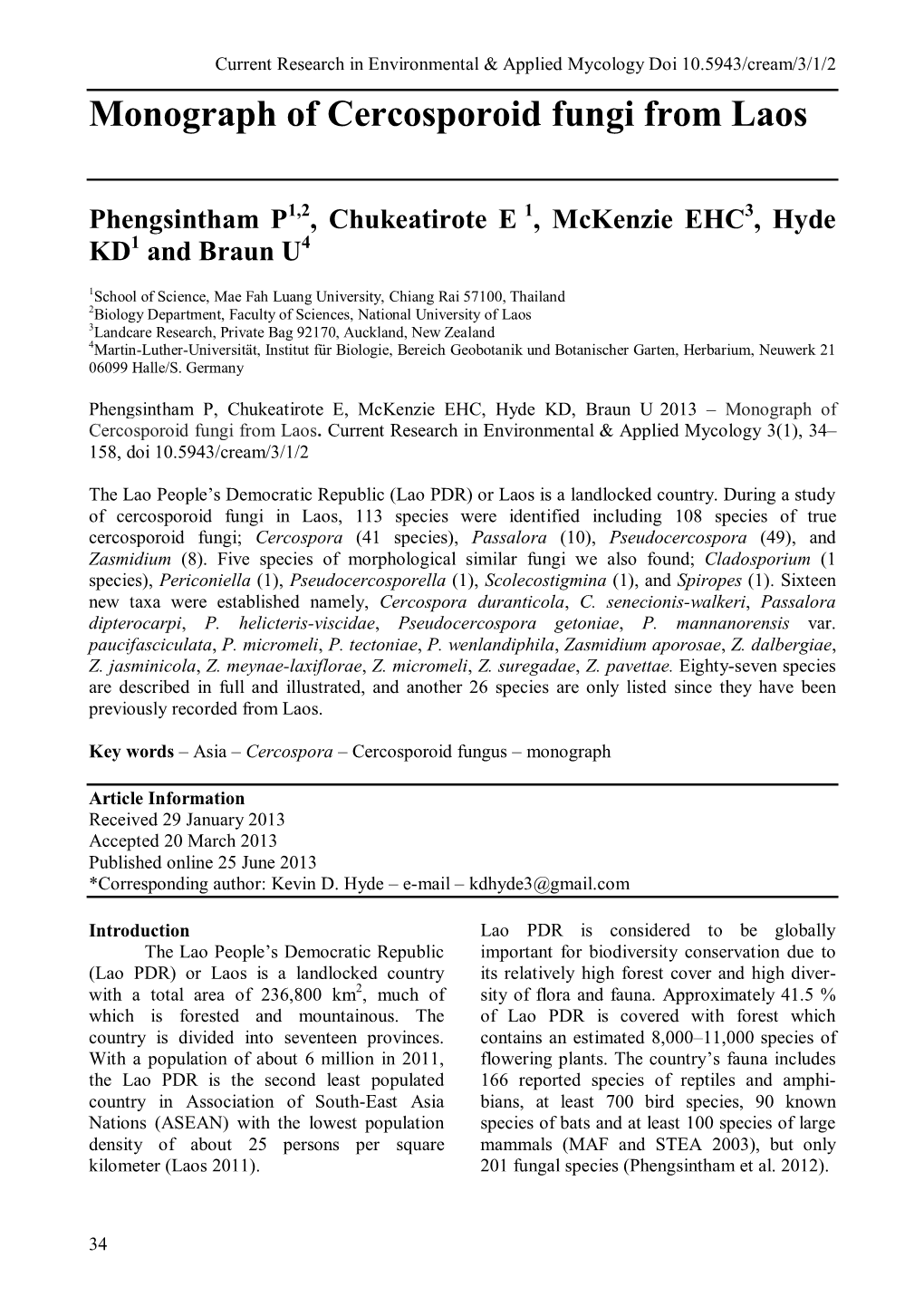 Monograph of Cercosporoid Fungi from Laos