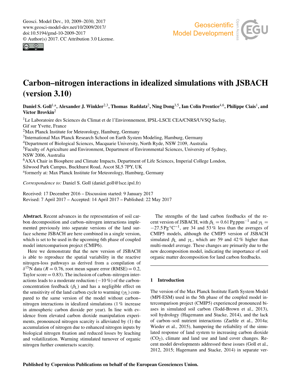 Carbon–Nitrogen Interactions in Idealized Simulations with JSBACH (Version 3.10)