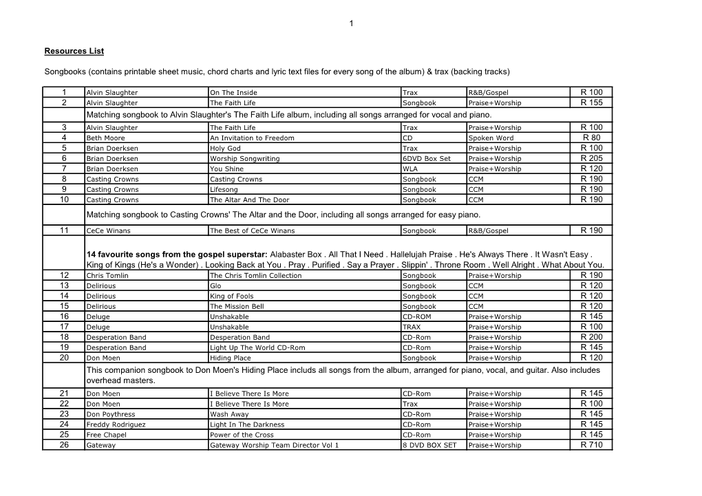 1 Resources List Songbooks (Contains Printable Sheet Music