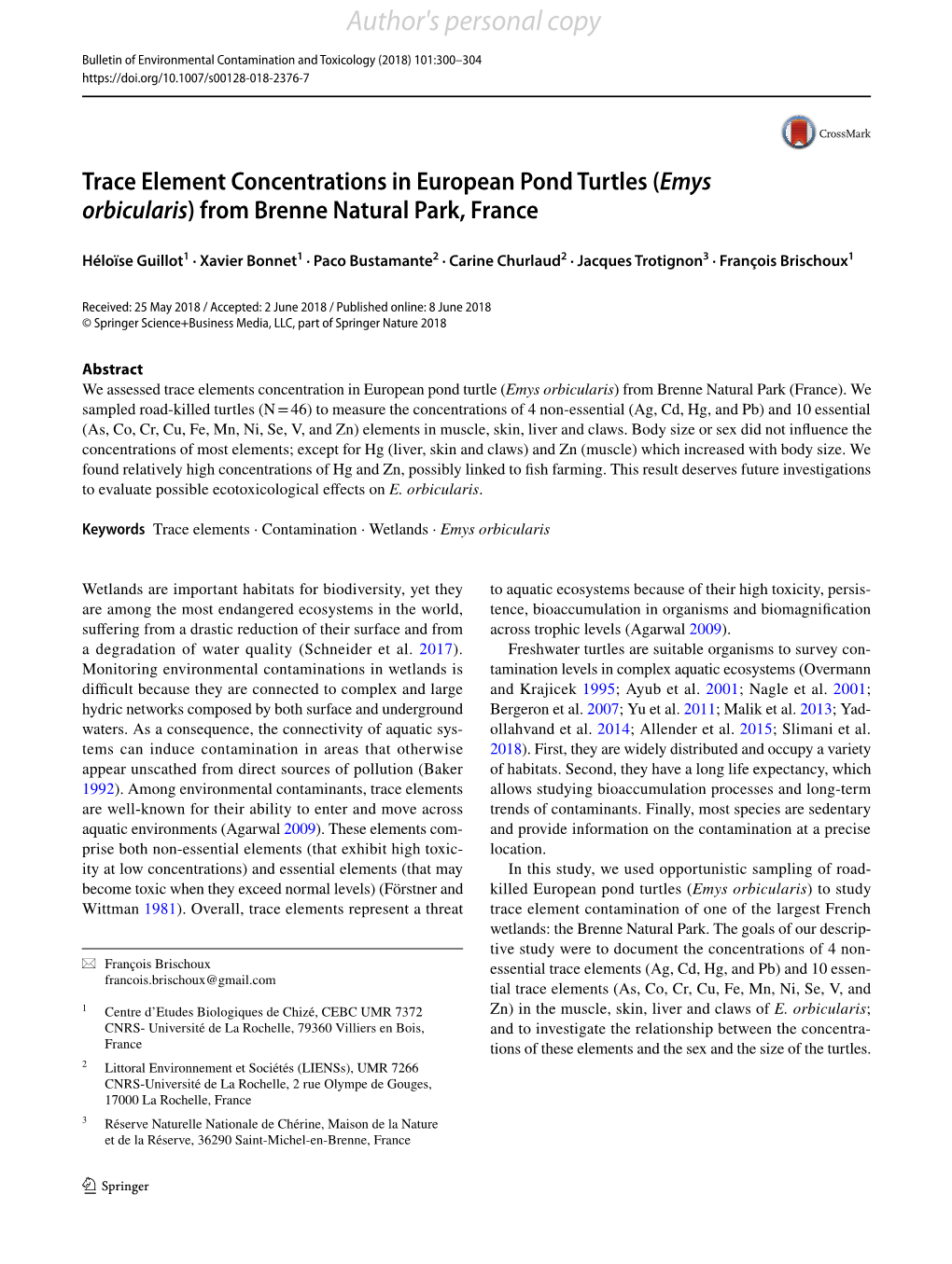 Trace Element Concentrations in European Pond Turtles (Emys Orbicularis) from Brenne Natural Park, France