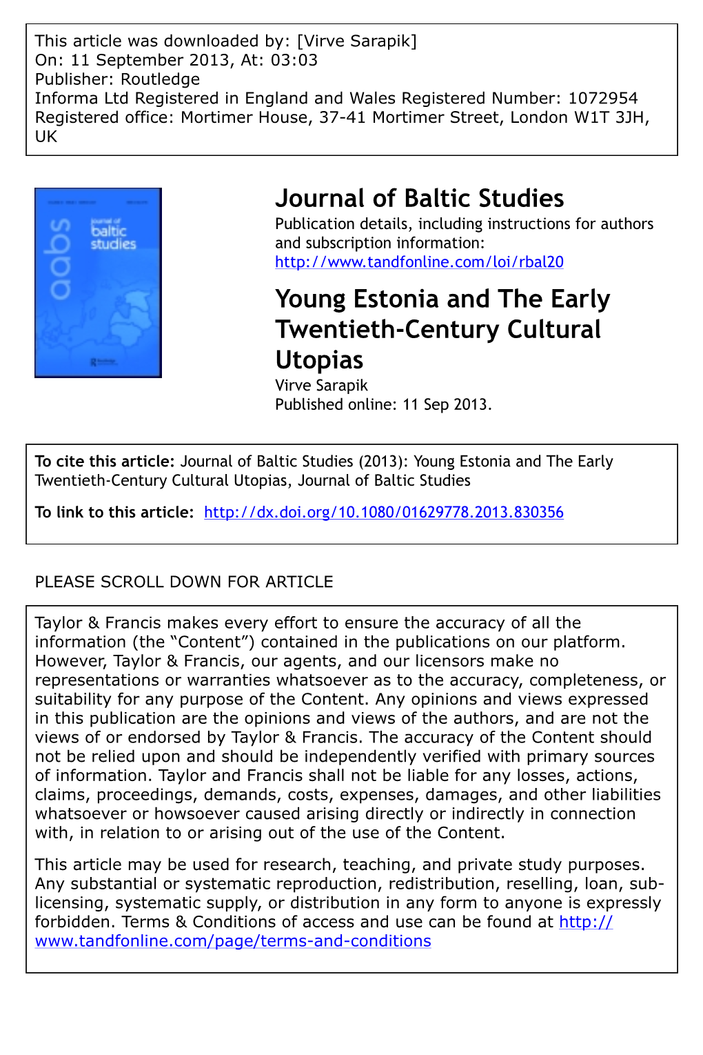 Journal of Baltic Studies Young Estonia and the Early Twentieth