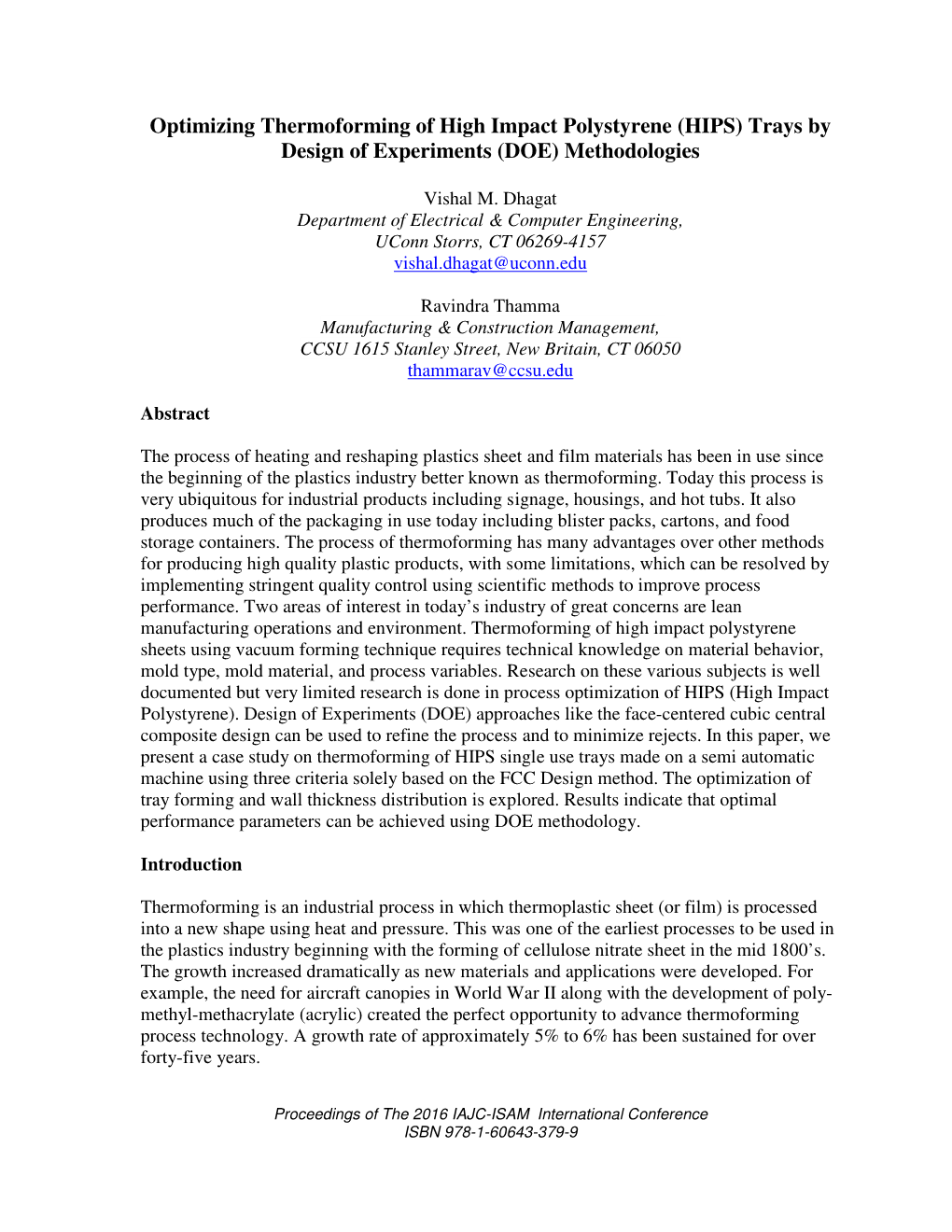 Optimizing Thermoforming of High Impact Polystyrene (HIPS) Trays by Design of Experiments (DOE) Methodologies