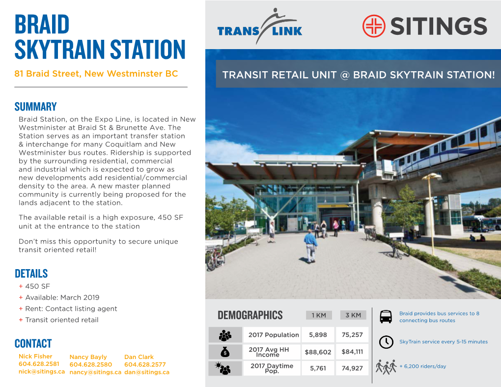 Braid SKYTRAIN STATION 81 Braid Street, New Westminster BC TRANSIT RETAIL UNIT @ BRAID SKYTRAIN STATION!