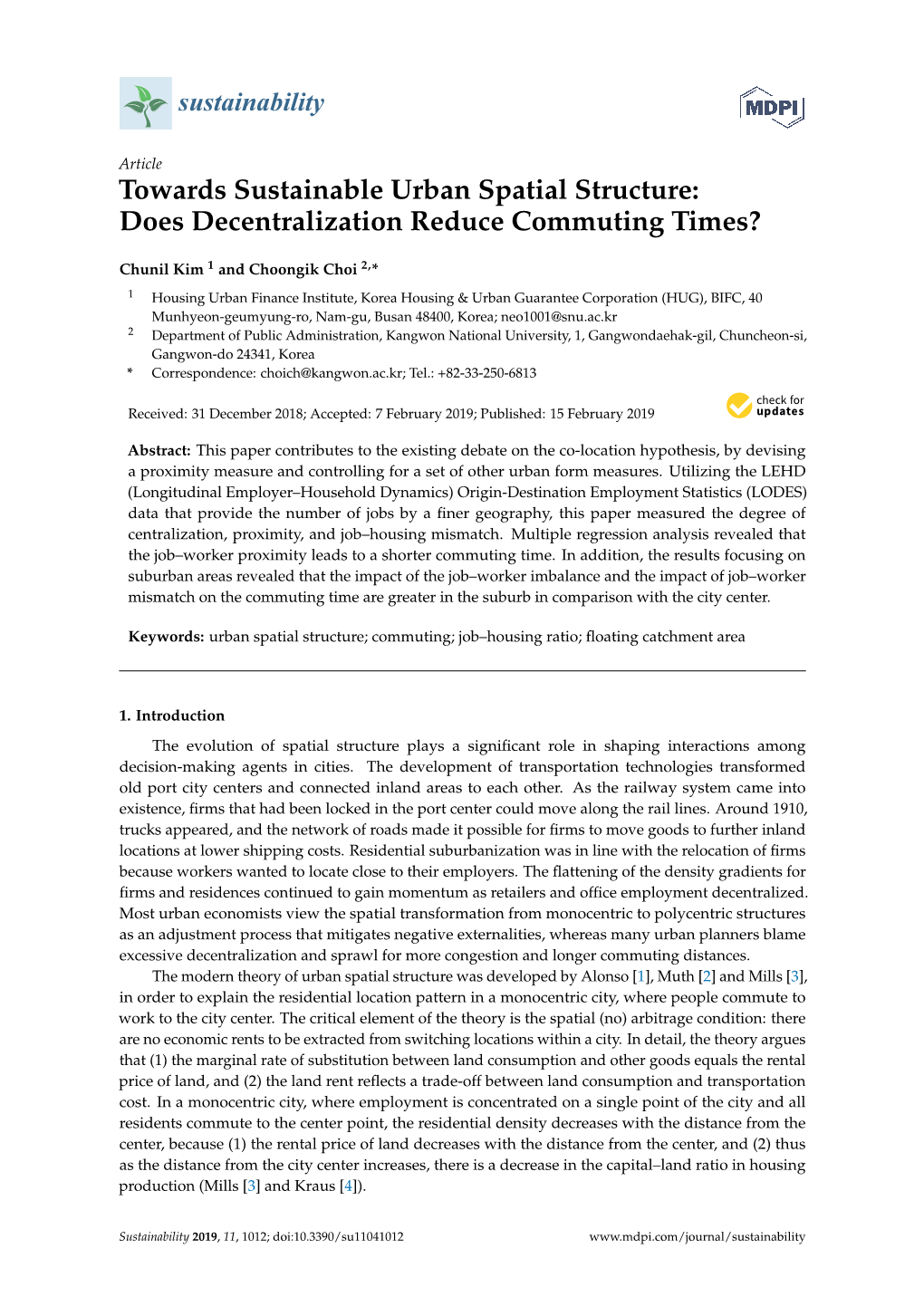 Towards Sustainable Urban Spatial Structure: Does Decentralization Reduce Commuting Times?