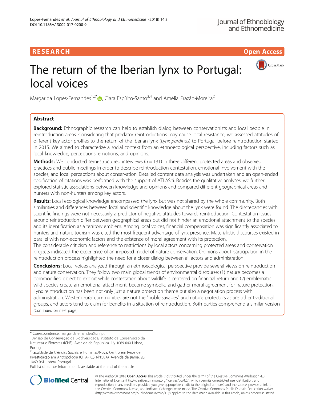 The Return of the Iberian Lynx to Portugal: Local Voices Margarida Lopes-Fernandes1,2* , Clara Espírito-Santo3,4 and Amélia Frazão-Moreira2