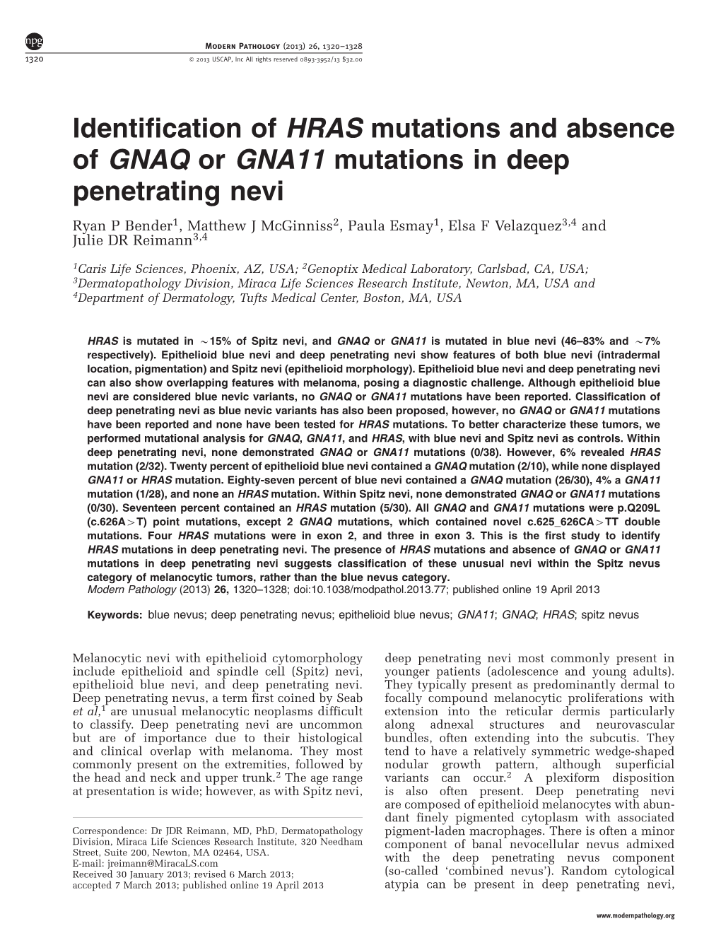 Identification of HRAS Mutations and Absence of GNAQ Or GNA11