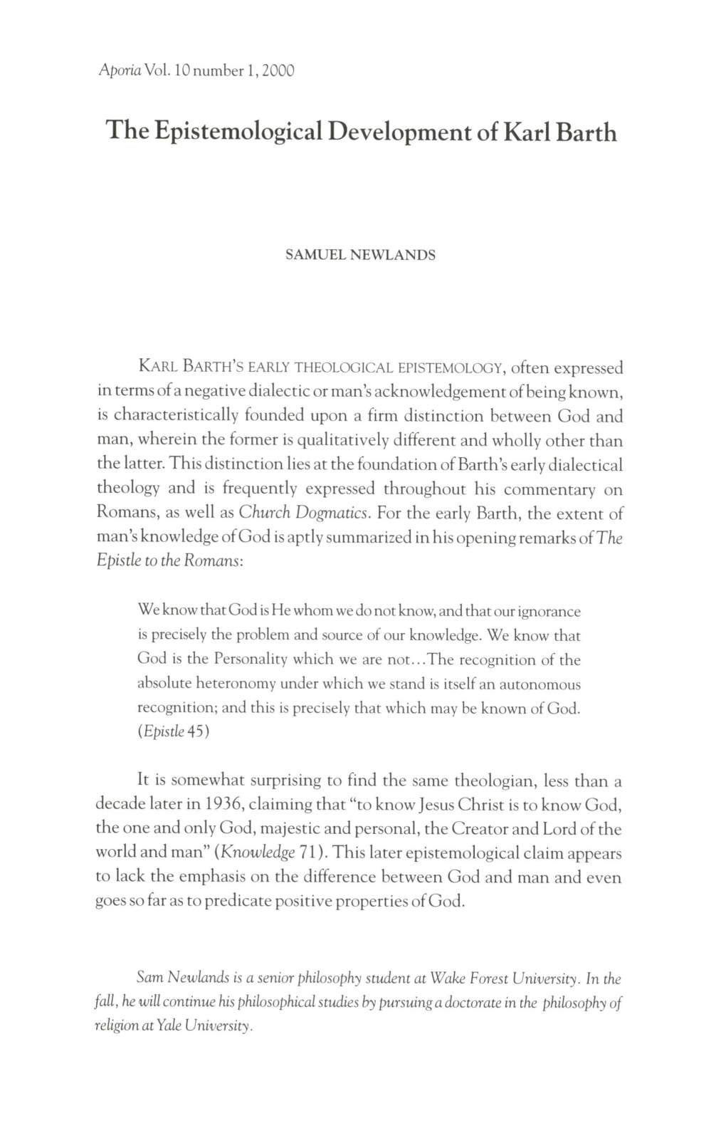 The Epistemological Development of Karl Barth