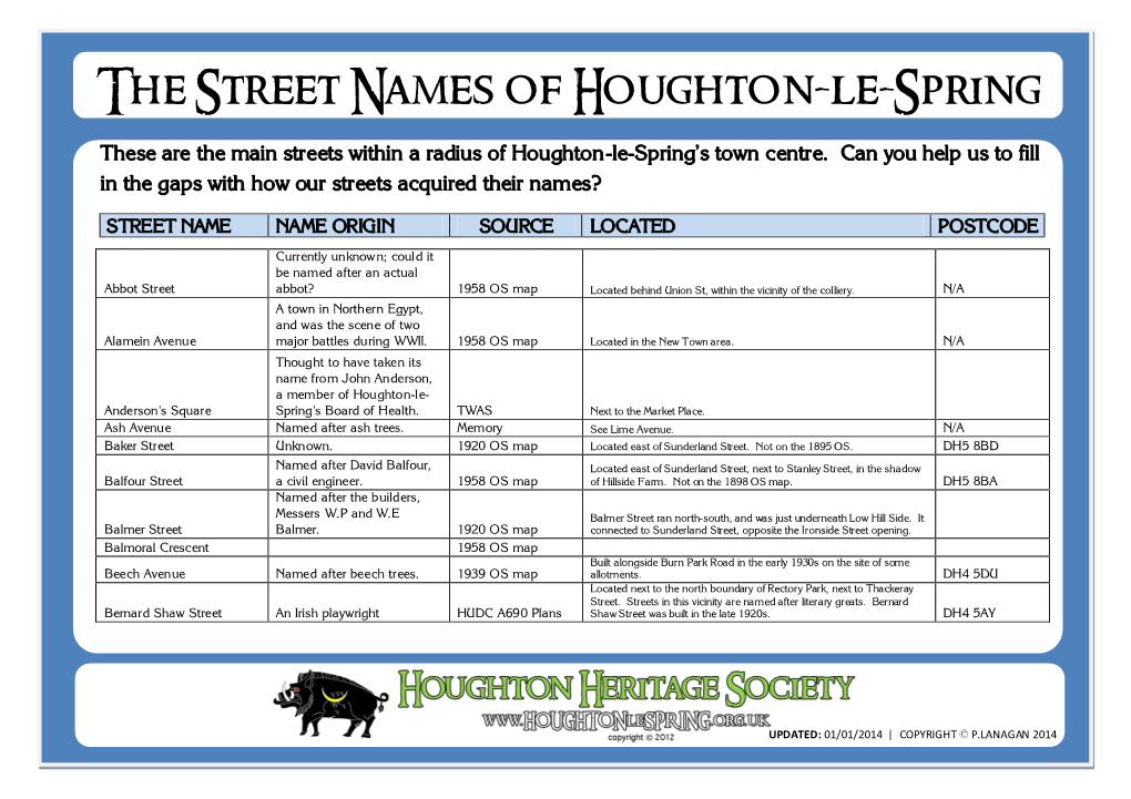 Street Names of Houghton-Le-Spring