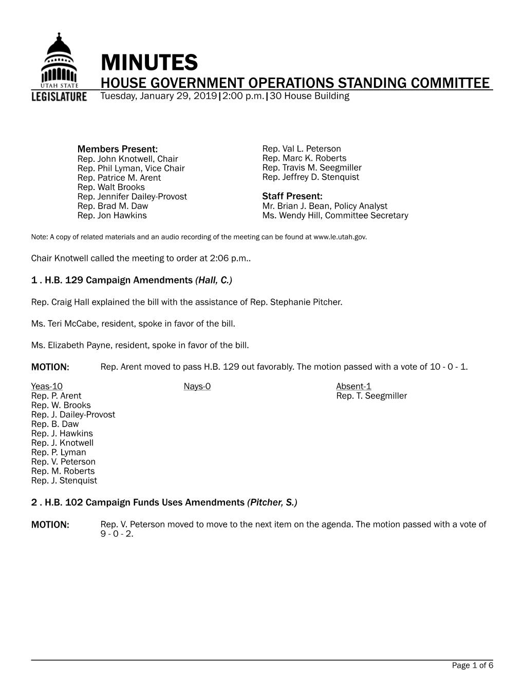 MINUTES HOUSE GOVERNMENT OPERATIONS STANDING COMMITTEE Tuesday, January 29, 2019|2:00 P.M.|30 House Building