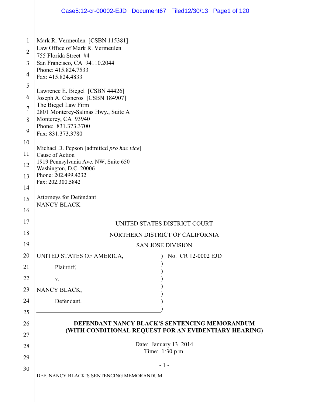 Defendant Nancy Black Sentencing Memorandum