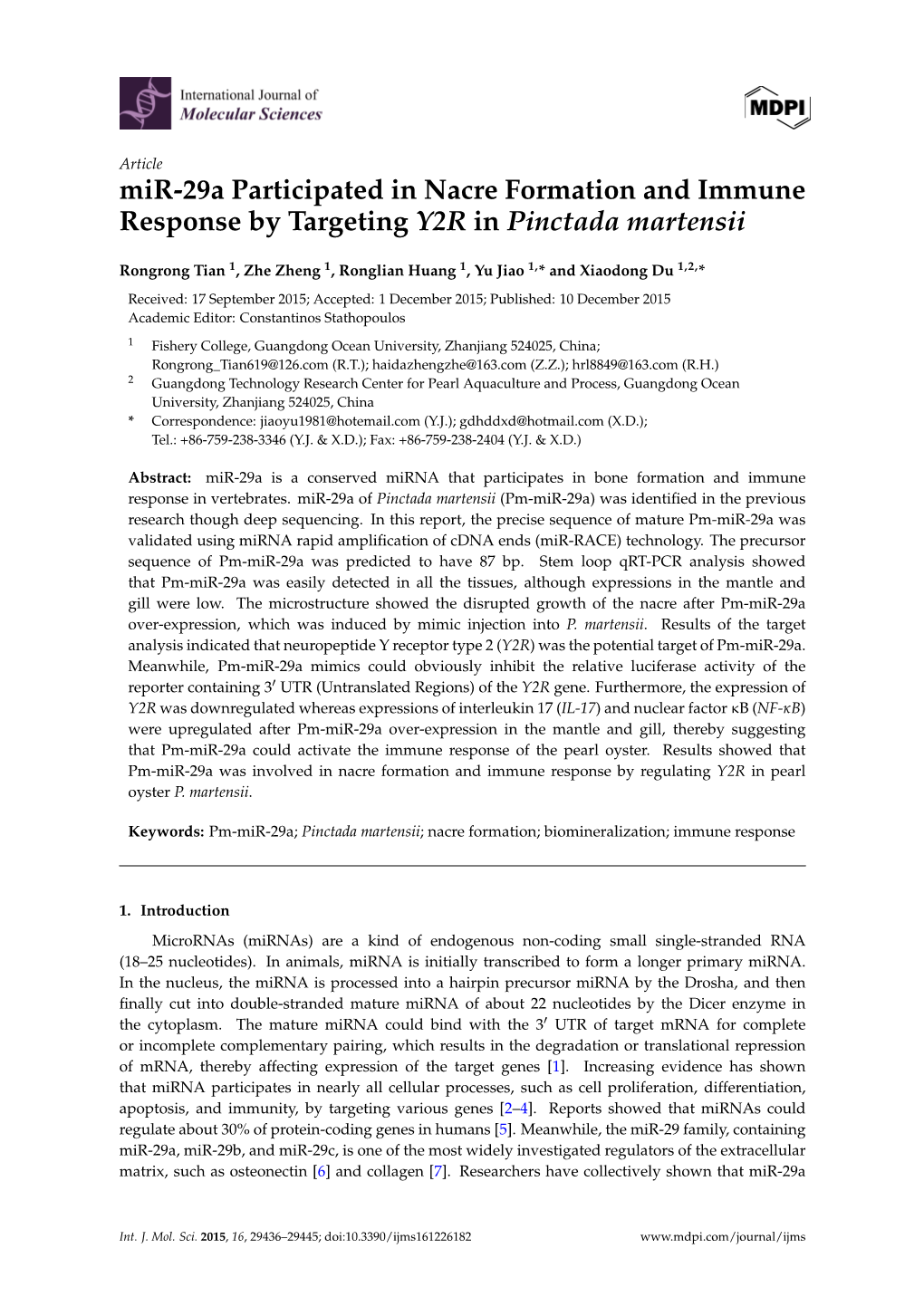 Mir-29A Participated in Nacre Formation and Immune Response by Targeting Y2R in Pinctada Martensii