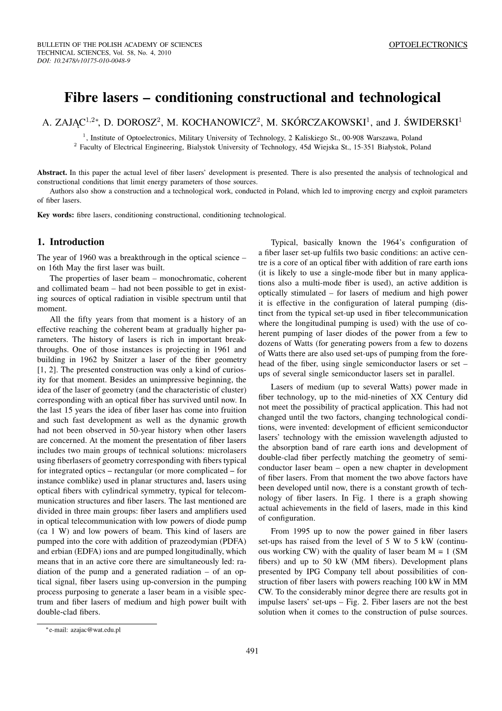 Fibre Lasers – Conditioning Constructional and Technological