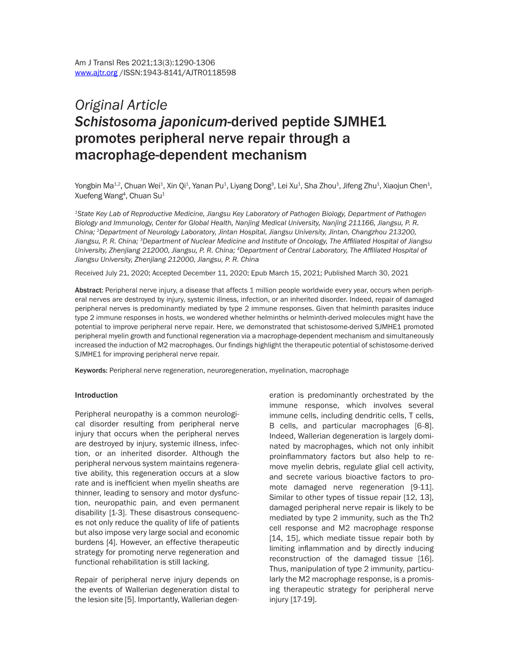 Original Article Schistosoma Japonicum-Derived Peptide SJMHE1 Promotes Peripheral Nerve Repair Through a Macrophage-Dependent Mechanism