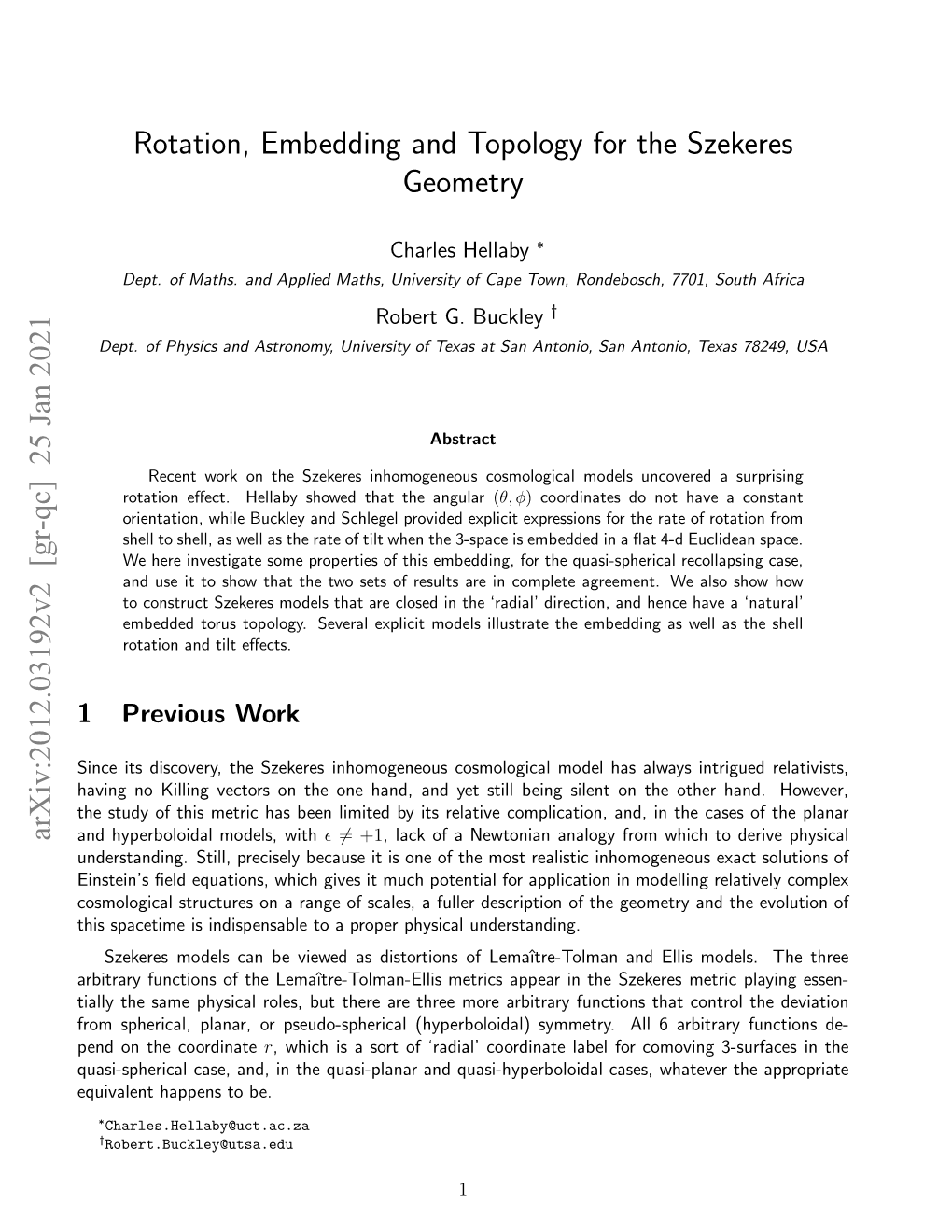 Arxiv:2012.03192V2 [Gr-Qc] 25 Jan 2021 Rotation, Embedding and Topology for the Szekeres Geometry