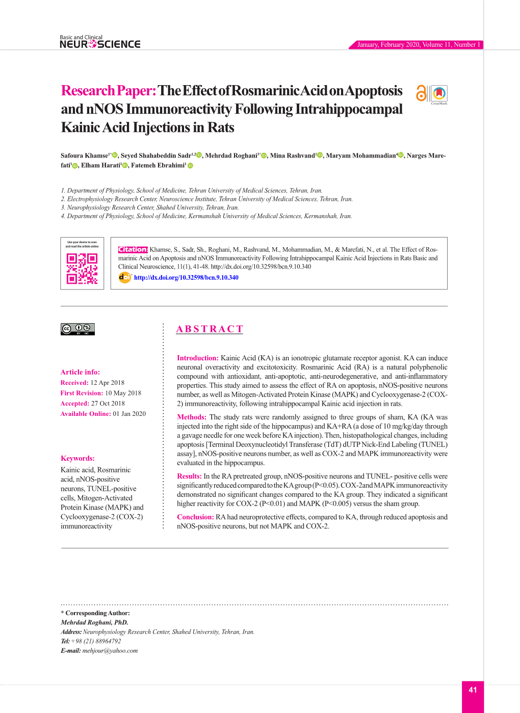 The Effect of Rosmarinic Acid on Apoptosis and Nnos Immunoreactivity Following Intrahippocampal Kainic Acid Injections in Rats