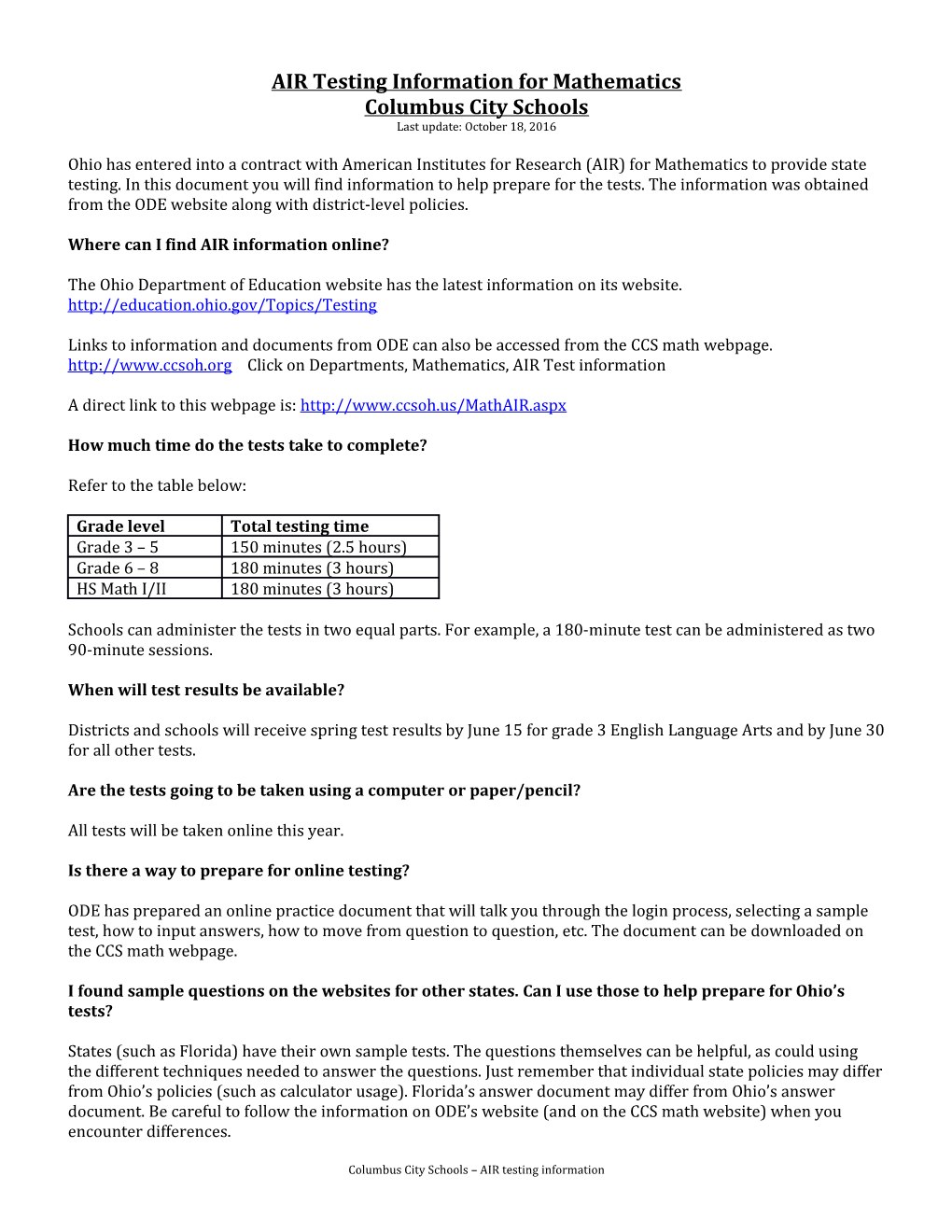 AIR Testing Information for Mathematics