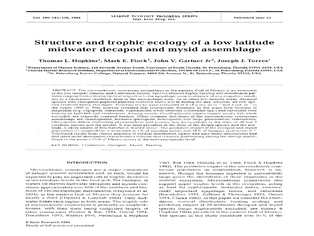 Structure and Trophic Ecology of a Low Latitude Midwater Decapod and Mysid Assemblage