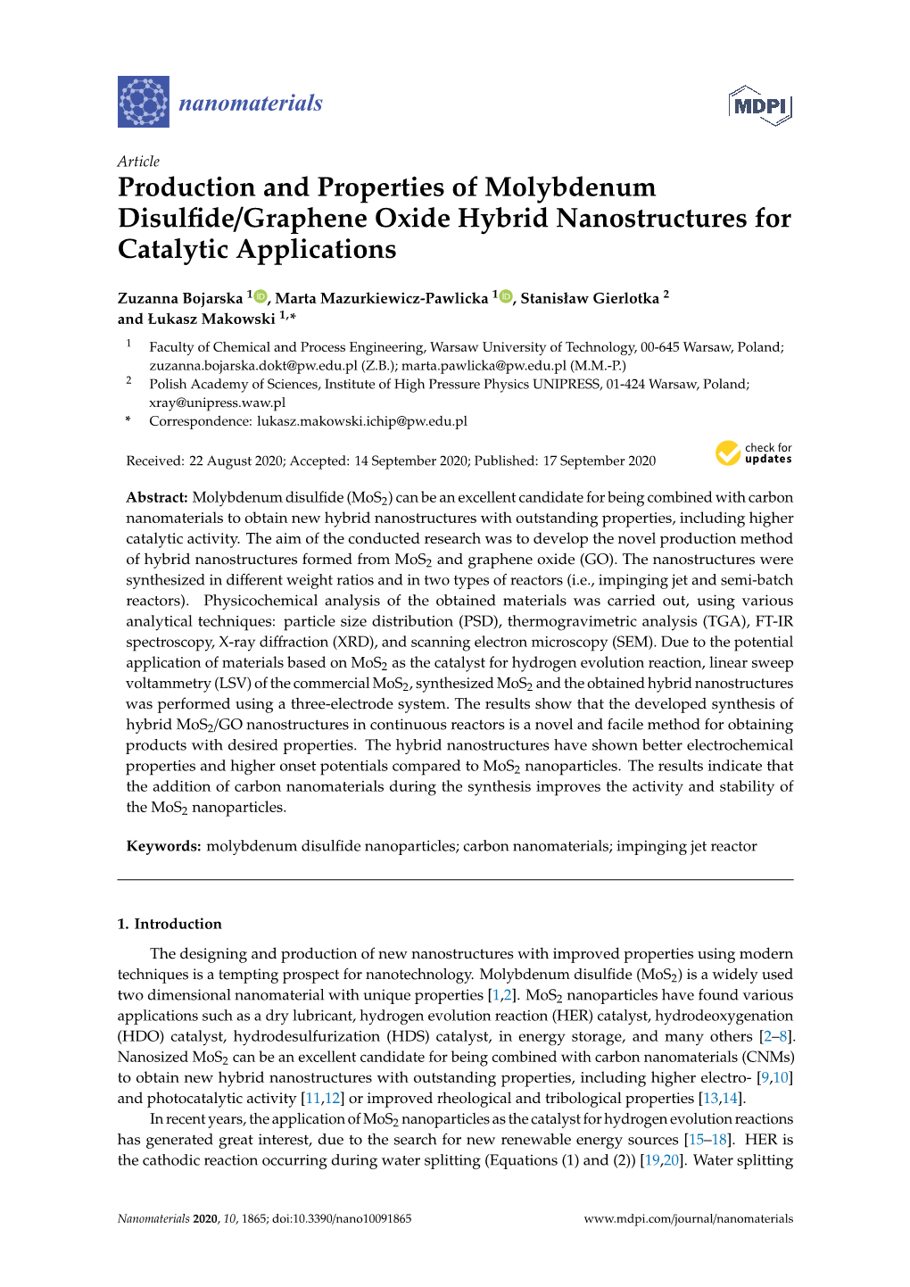 Production and Properties of Molybdenum Disulfide/Graphene