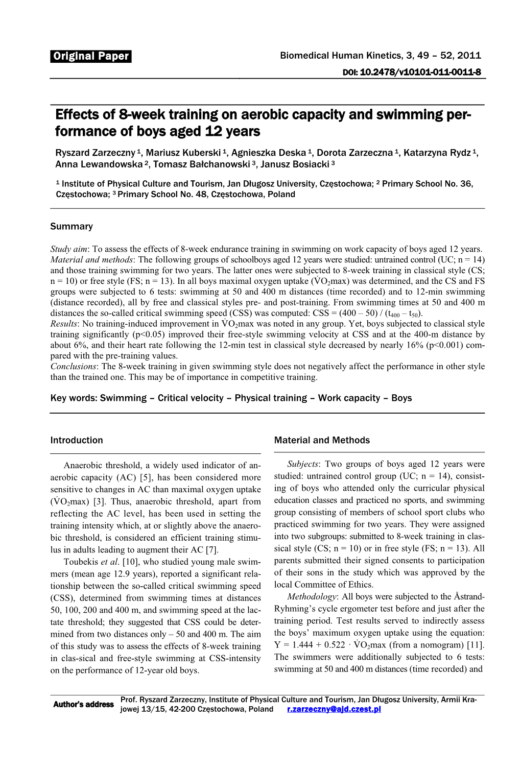 Effects of 8-Week Training on Aerobic Capacity and Swimming Per- Formance of Boys Aged 12 Years