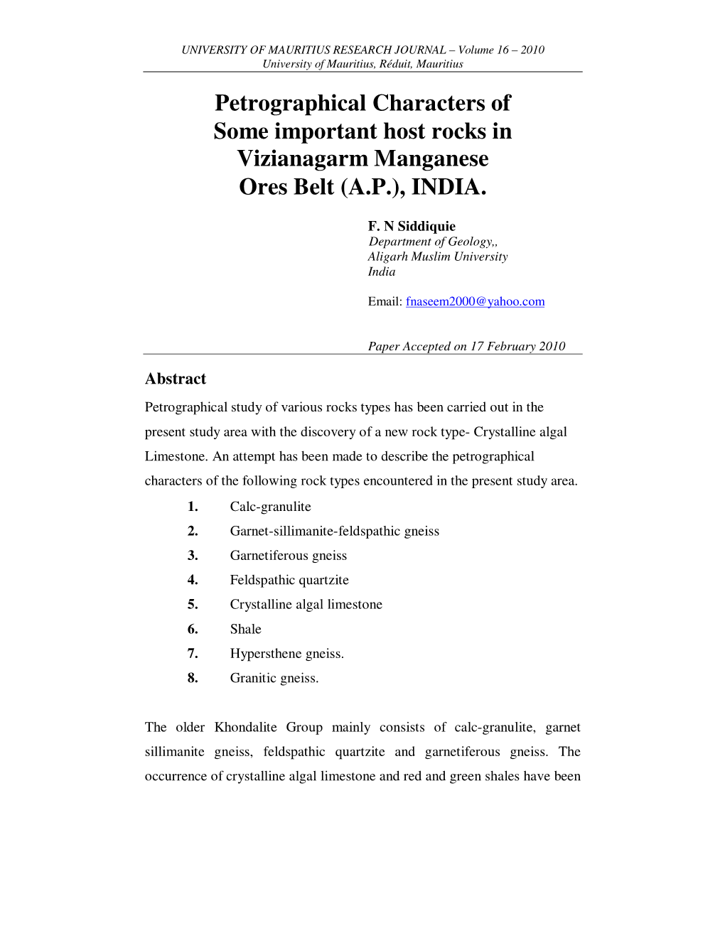 Petrographical Characters of Some Important Host Rocks in Vizianagarm Manganese Ores Belt (A.P.), INDIA