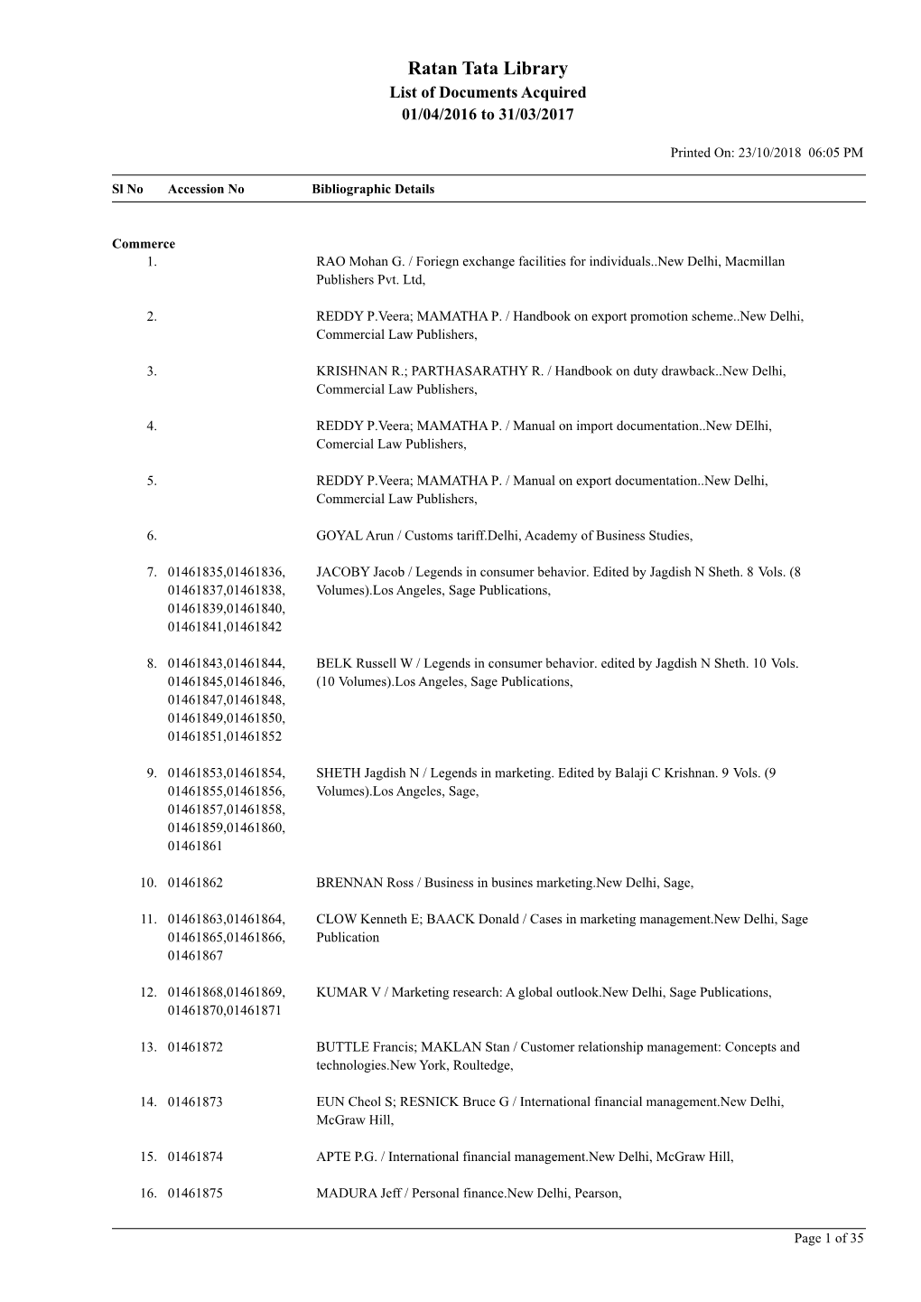 Ratan Tata Library List of Documents Acquired 01/04/2016 to 31/03/2017