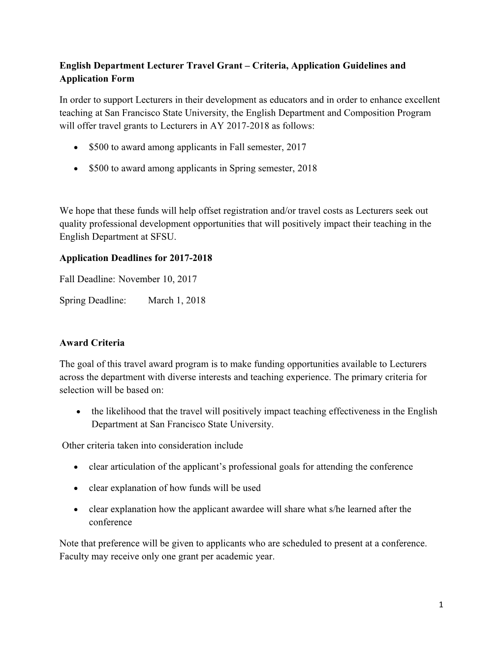 English Department Lecturer Travel Grant Criteria, Application Guidelines and Application Form