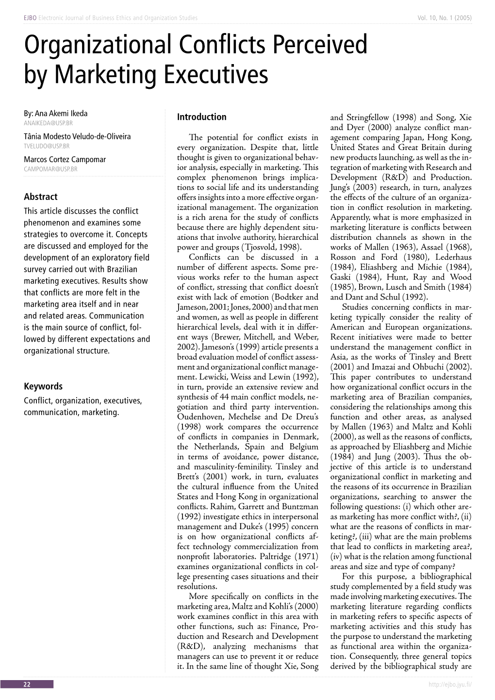 Organizational Conflicts Perceived by Marketing Executives