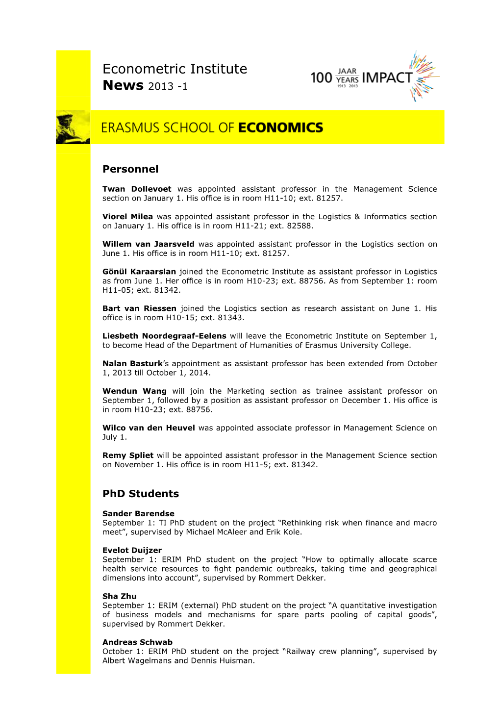 Econometric Institute News 2013 -1