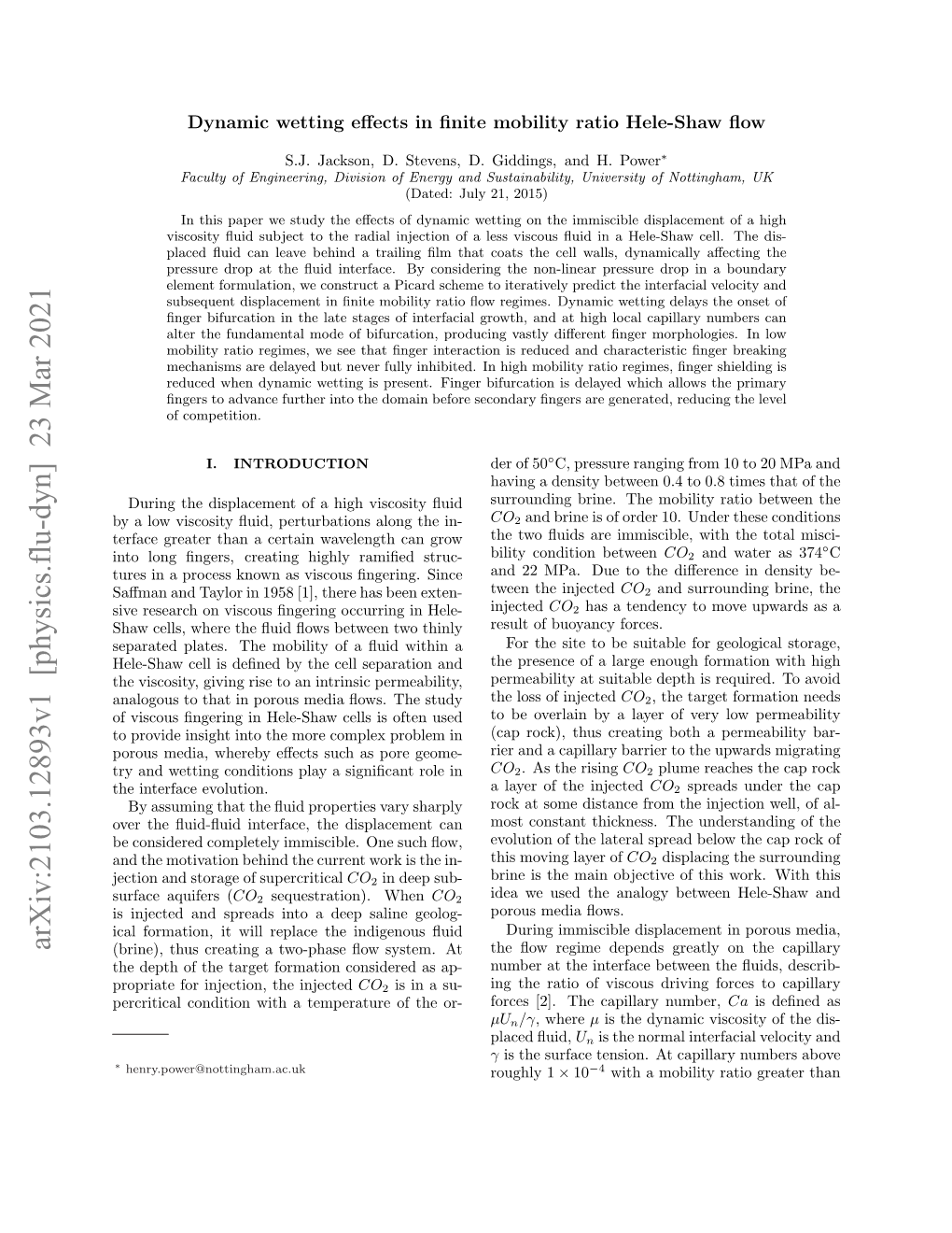 Arxiv:2103.12893V1 [Physics.Flu-Dyn] 23 Mar 2021 (Brine), Thus Creating a Two-Phase ﬂow System