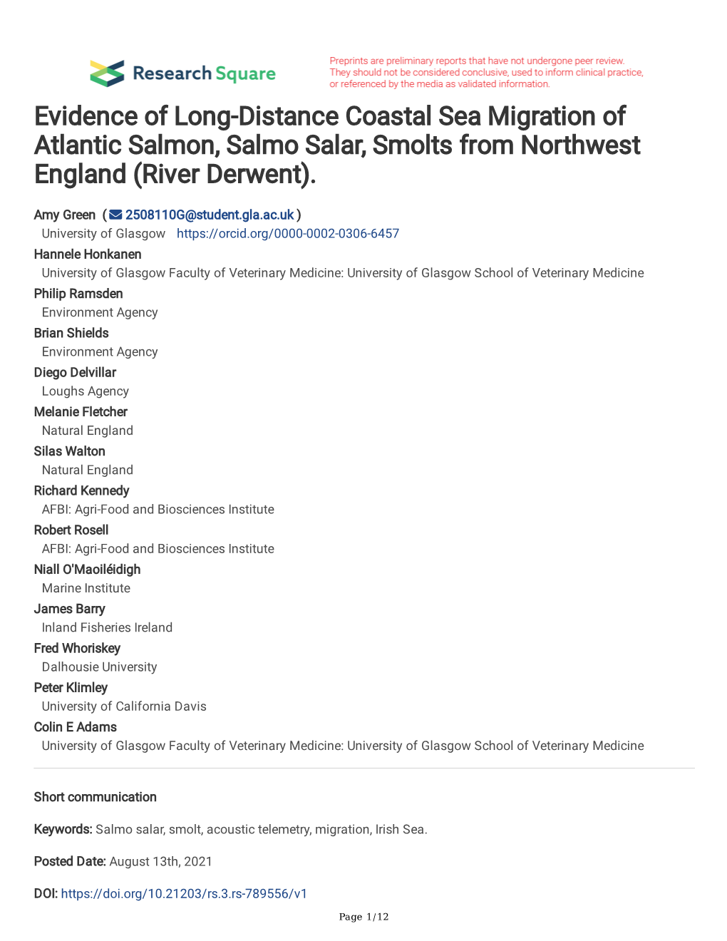 Evidence of Long-Distance Coastal Sea Migration of Atlantic Salmon, Salmo Salar, Smolts from Northwest England (River Derwent)