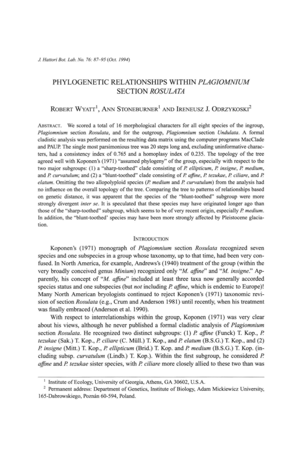 Phylogenetic Relationships Within Plagiomnium Section Rosulata